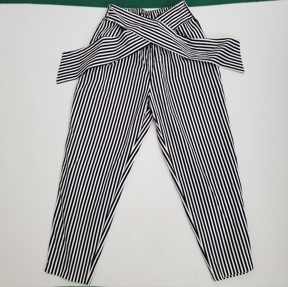 Zara High Waisted Striped Tie Front Poplin Paperbag Pants XS Business Casual - Picture 4 of 12